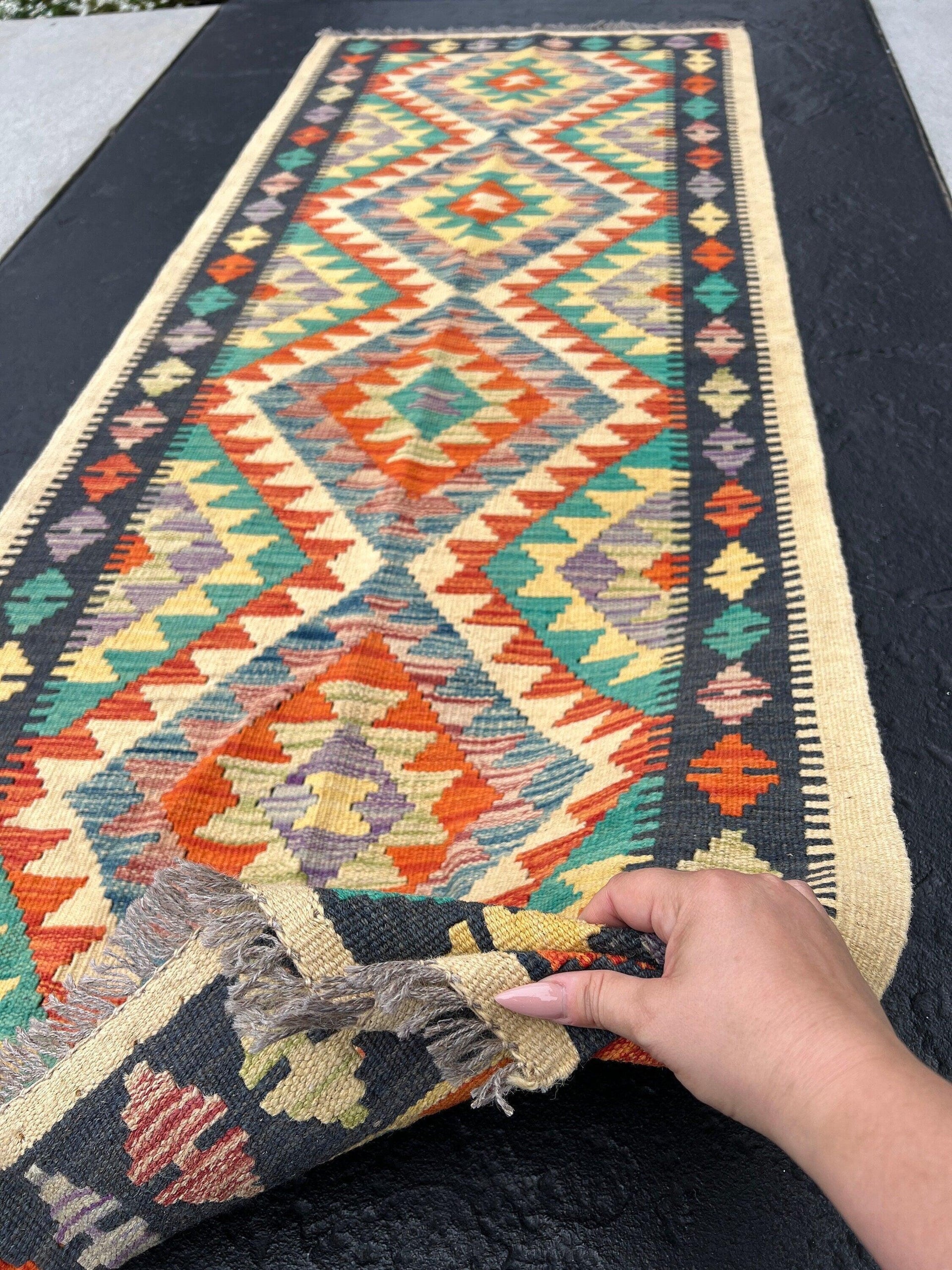 3x7 Handmade Afghan Kilim Runner Rug | Cornsilk Gold Yellow Charcoal Grey Turquoise Rust Burnt Orange Purple Denim Blue Red Green | Wool