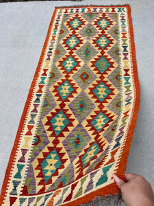 3x7 (100x200) Handmade Afghan Kilim Runner Rug | Burnt Orange Beige Crimson Red Purple Olive Green Teal Cornsilk | Flatweave Persian Wool