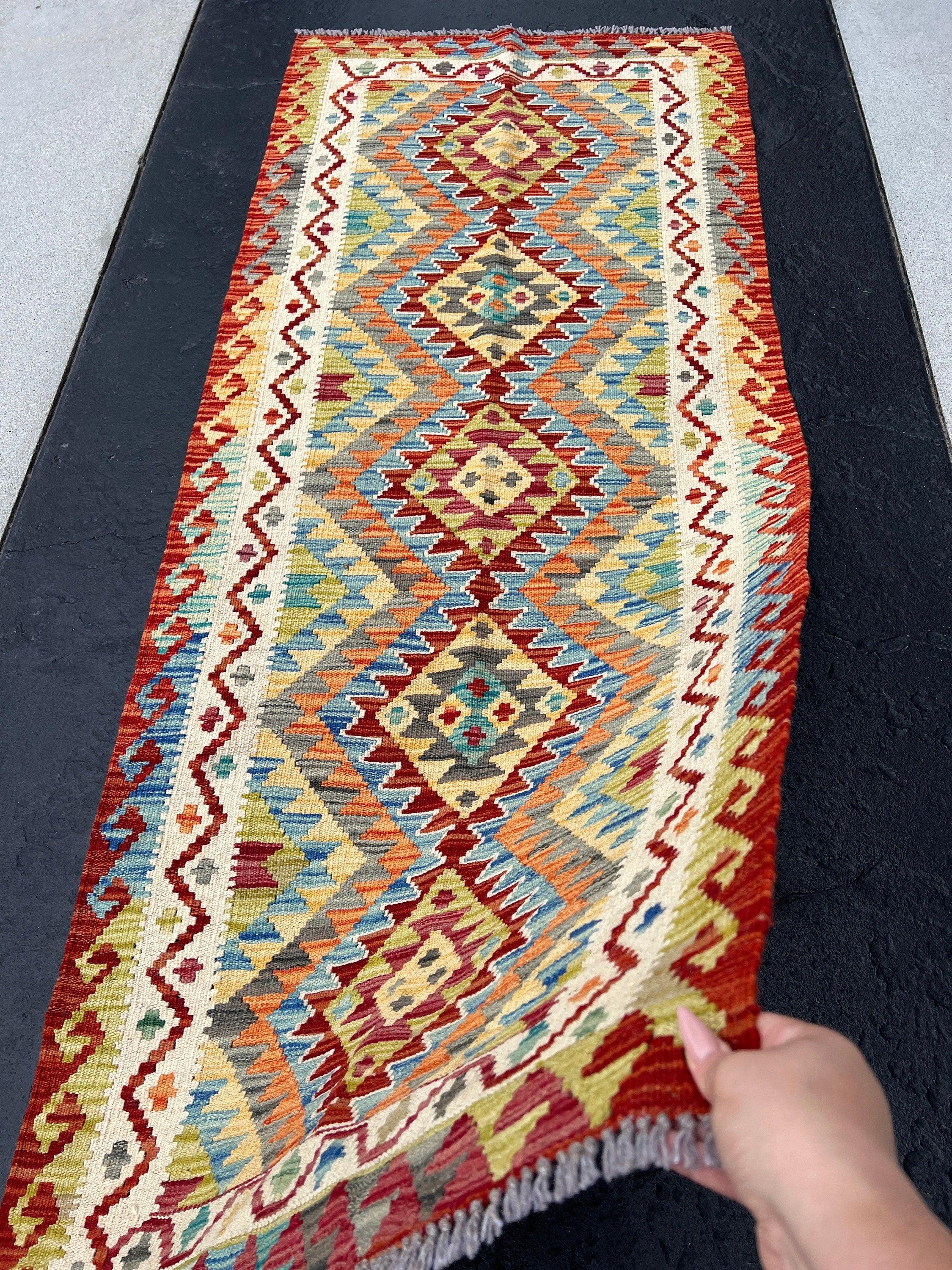 3x7 (100x200) Handmade Afghan Kilim Runner Rug | Cream Blood Red Orange Denim Baby Blue Grey Cornsilk Yellow Moss Olive Green | Wool Turkish