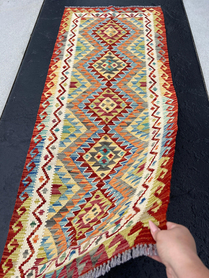 3x7 (100x200) Handmade Afghan Kilim Runner Rug | Cream Blood Red Orange Denim Baby Blue Grey Cornsilk Yellow Moss Olive Green | Wool Turkish