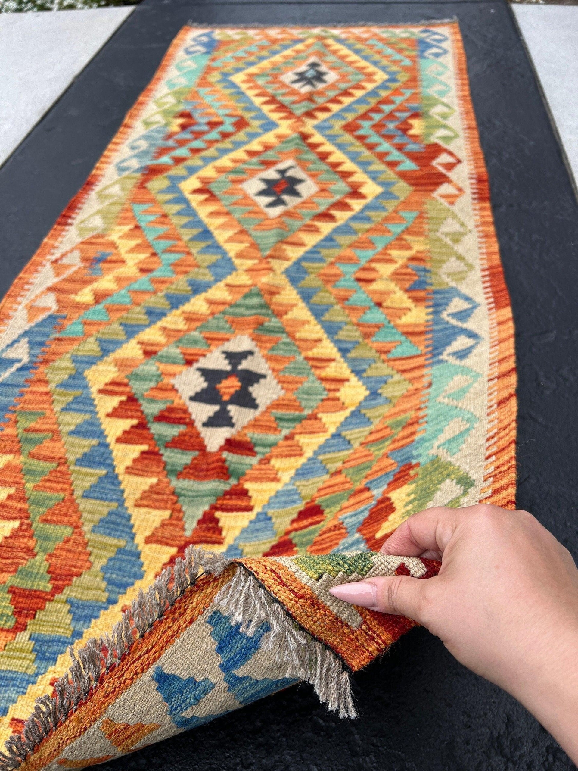3x7 Handmade Afghan Kilim Runner Rug | Burnt Coral Orange Tan Red Olive Green Turquoise Denim Blue Cornsilk Yellow Grey | Persian Wool