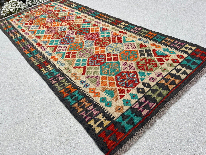 3x7 Handmade Afghan Kilim Runner Rug | Charcoal Grey Burnt Rust Orange Teal Blue Eggplant Purple Cream Ivory Brown Blood Red | Flatweave