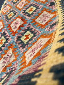 3x7 (100x200) Handmade Afghan Kilim Runner Rug | Prussian Blue Mustard Cornsilk Yellow Burnt Orange Denim Blue Purple | Flatweave Wool