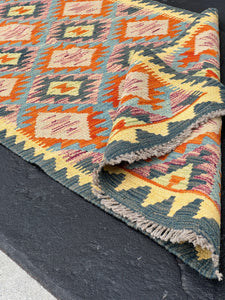 3x7 (100x200) Handmade Afghan Kilim Runner Rug | Prussian Blue Mustard Cornsilk Yellow Burnt Orange Denim Blue Purple | Flatweave Wool