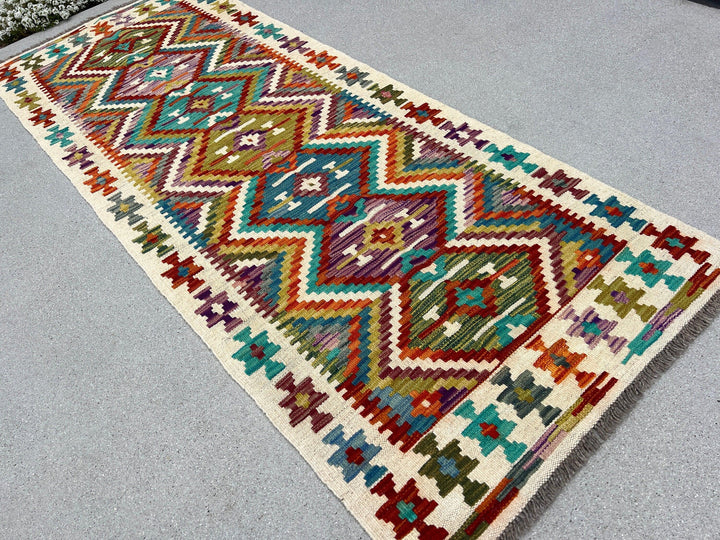 3x7 Handmade Afghan Kilim Runner Rug | Cream Ivory Burnt Orange Olive Moss Pine Green Eggplant Turqouise Royal Blue | Geometric Turkish Wool