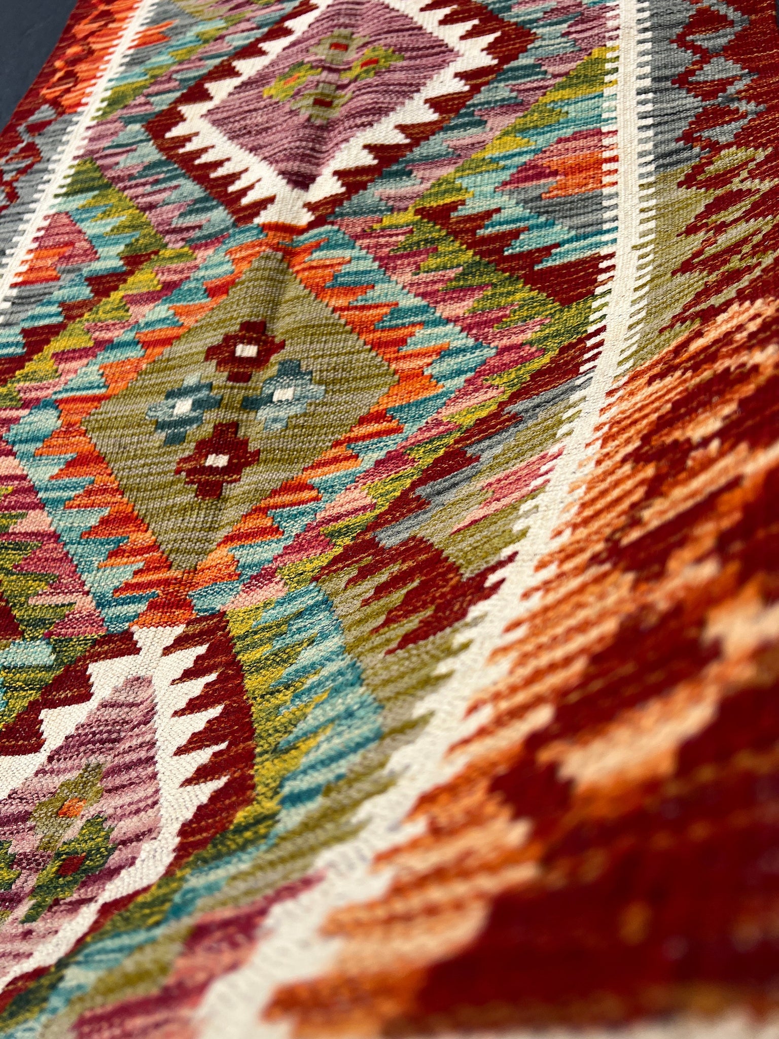 3x7 (100x200) Handmade Afghan Kilim Runner Rug | Crimson Blood Red Burnt Orange Ivory Purple Olive Moss Green Teal Grey | Flatweave Wool