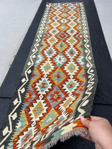 3x10 Handmade Afghan Kilim Runner Rug | Charcoal Grey Burnt Rust Orange Teal Denim Blue Cream Ivory Olive Moss Green | Flatweave Outdoor