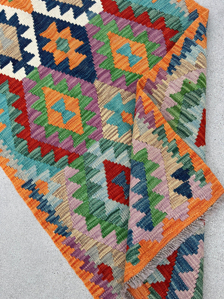 3x13 Handmade Afghan Kilim Runner Rug | Orange Teal Denim Midnight Baby Blue Lime Forest Green Beige Mauve Ivory White Blood Red | Wool