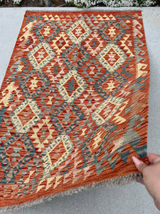 3x5 (91x152) Handmade Afghan Kilim Runner Rug | Burnt Orange Cornsilk Yellow Grey Red | Flatweave Wool Outdoor Boho