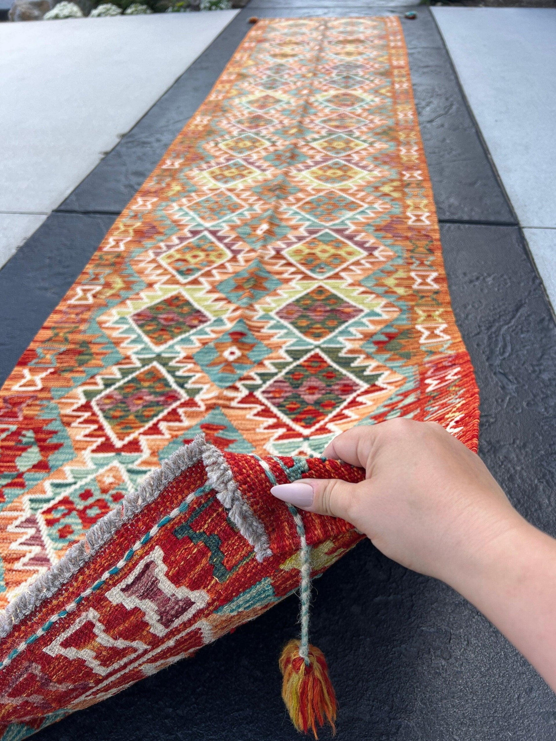 3x13 (90x395) Handmade Afghan Kilim Rug Runner | Burnt Orange Brick Red Teal Ivory Purple Olive Lime Grey | Persian Oushak Hand Knotted Wool