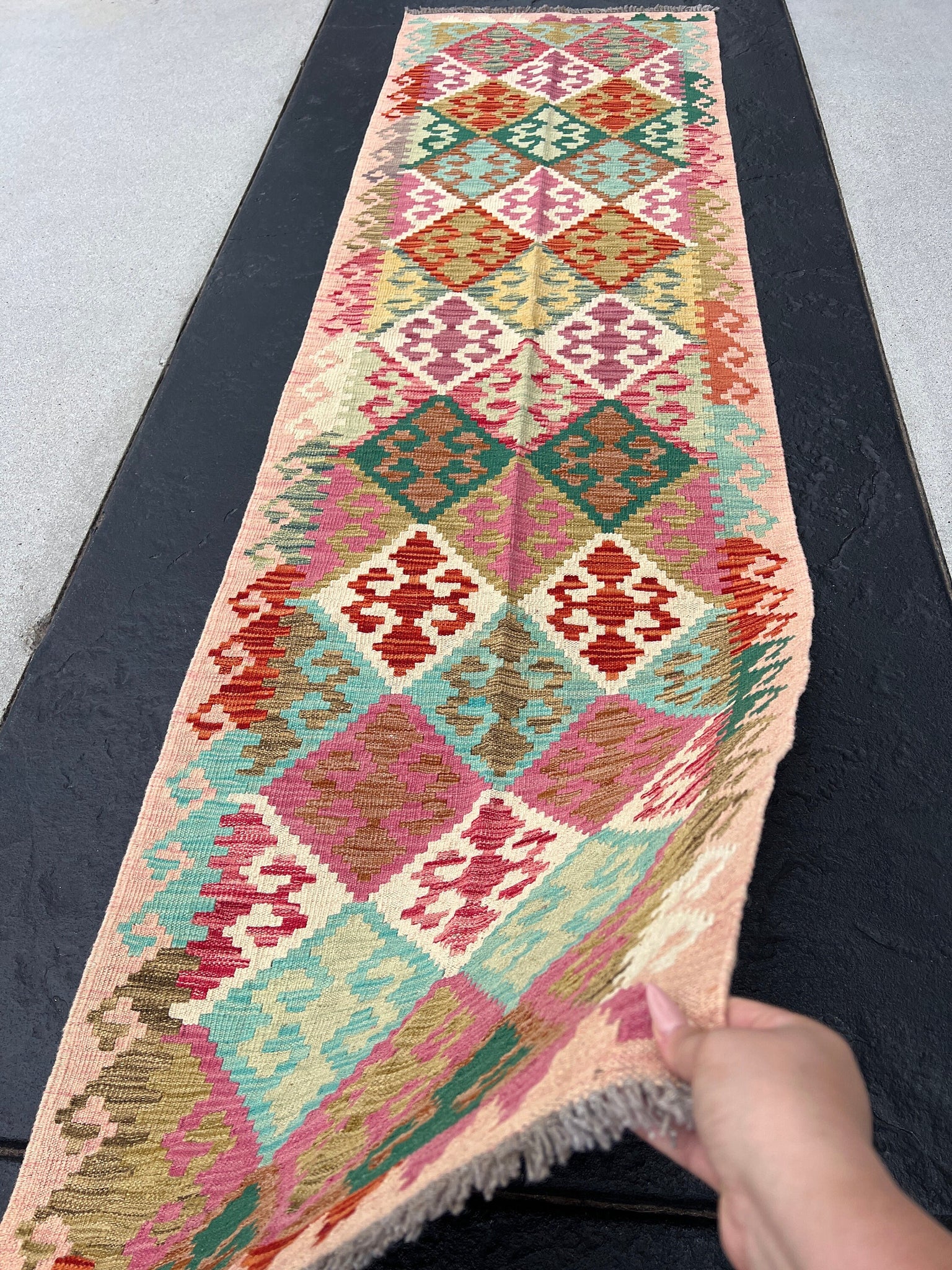 3x10 (91x305) Handmade Afghan Kilim Runner Rug | Coral Fuchsia Pink Turquoise Forest Moss Mint Green Blood Red Cream Brown | Wool Outdoor