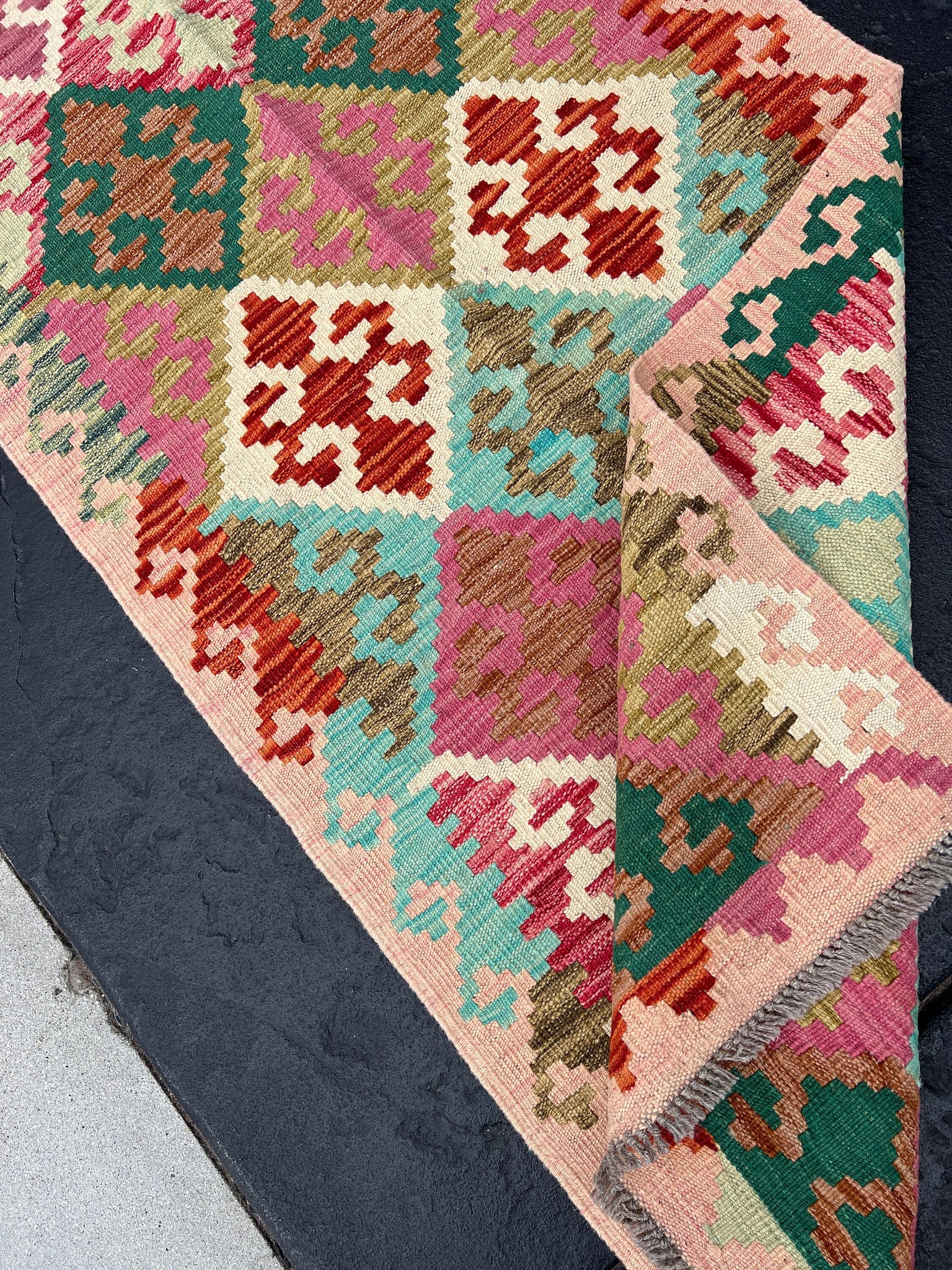 3x10 (91x305) Handmade Afghan Kilim Runner Rug | Coral Fuchsia Pink Turquoise Forest Moss Mint Green Blood Red Cream Brown | Wool Outdoor