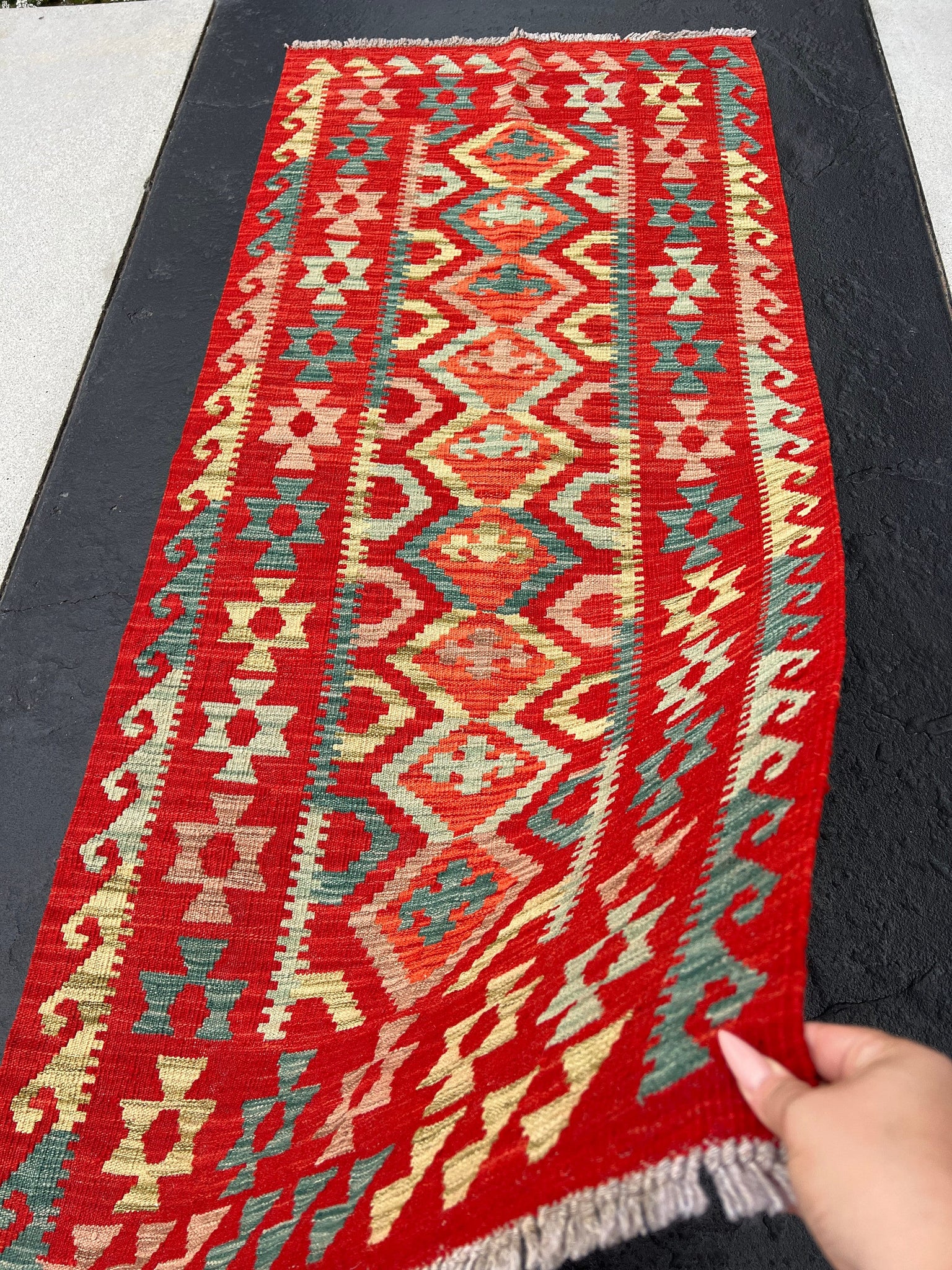 3x7 (91x213) Handmade Afghan Kilim Runner Rug | Crimson Blood Red Maroon Orange Forest Mint Green Cornsilk Yellow | Wool Outdoor Boho