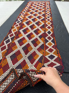 2x11 (61x335) Handmade Afghan Kilim Runner Rug | Blood Red Ivory White Orange Chocolate Brown Purple | Wool Flatweave Outdoor Boho