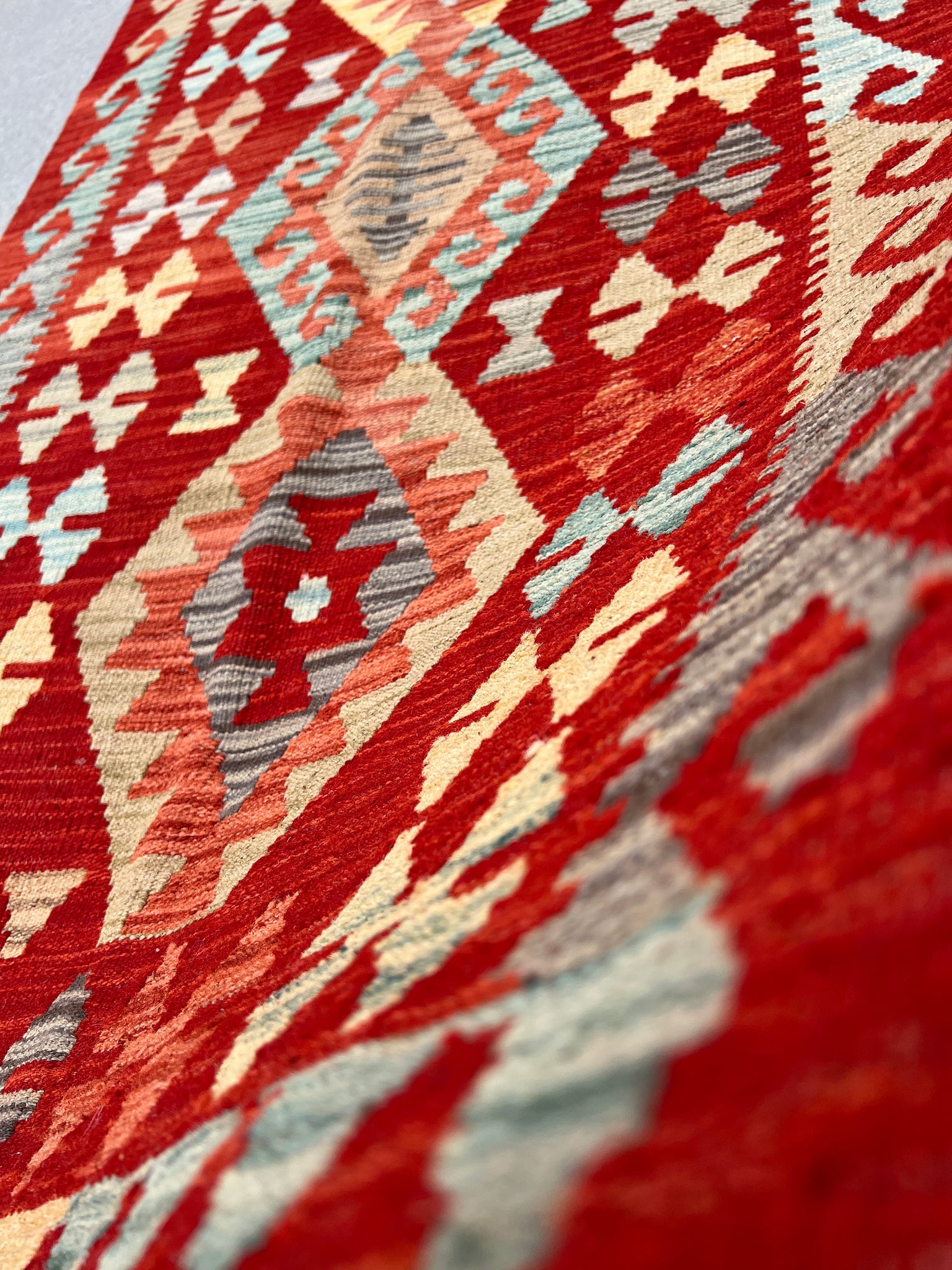 3x8 (91x244) Handmade Afghan Kilim Runner Rug | Blood Crimson Red Cornsilk Yellow Baby Blue Saffron Burnt Orange Mocha Brown Grey | Wool