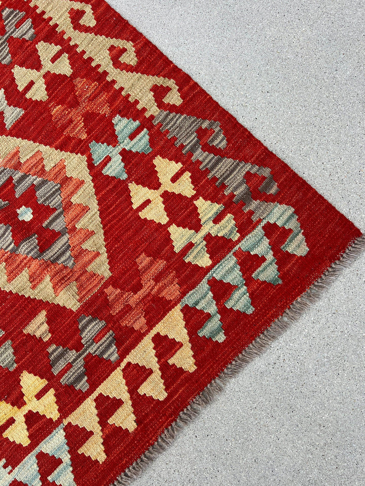 3x8 (91x244) Handmade Afghan Kilim Runner Rug | Blood Crimson Red Cornsilk Yellow Baby Blue Saffron Burnt Orange Mocha Brown Grey | Wool