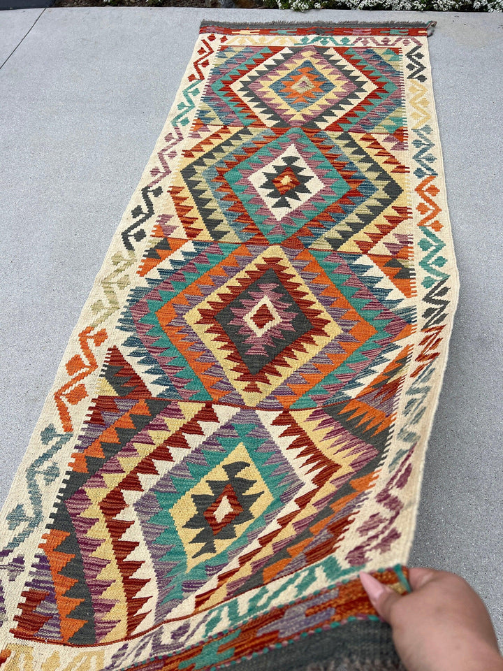 3x8 (91x244) Handmade Afghan Kilim Runner Rug | Cream Rust Orange Teal Plum Purple Burgundy Cornsilk Yellow Navy Blue Grey Sage Green | Wool