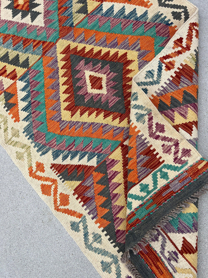 3x8 (91x244) Handmade Afghan Kilim Runner Rug | Cream Rust Orange Teal Plum Purple Burgundy Cornsilk Yellow Navy Blue Grey Sage Green | Wool