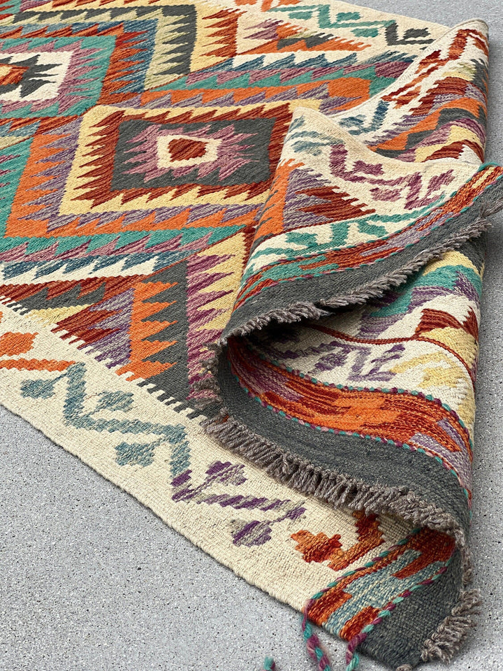 3x8 (91x244) Handmade Afghan Kilim Runner Rug | Cream Rust Orange Teal Plum Purple Burgundy Cornsilk Yellow Navy Blue Grey Sage Green | Wool