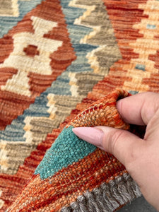 3x6 (91x183) Handmade Afghan Kilim Runner Rug | Burnt Saffron Orange Teal Cornsilk Yellow Sage Green Denim Blue Silver | Wool Outdoor Boho