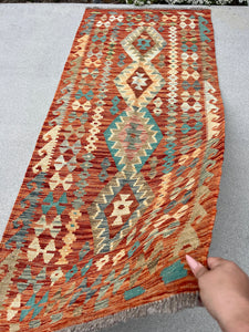 3x6 (91x183) Handmade Afghan Kilim Runner Rug | Burnt Saffron Orange Teal Cornsilk Yellow Sage Green Denim Blue Silver | Wool Outdoor Boho