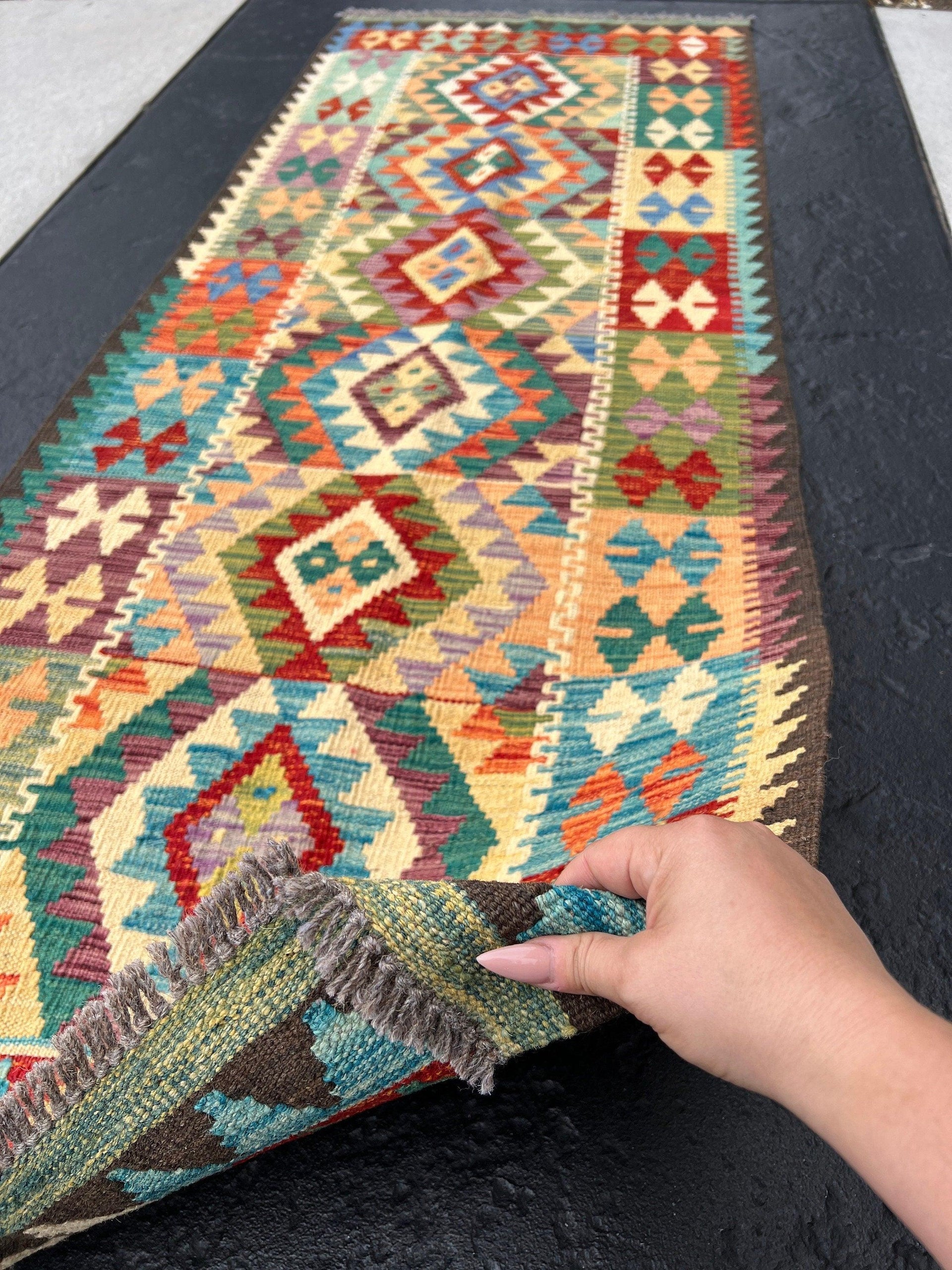 3x7 Handmade Afghan Kilim Runner Rug | Blood Red Steel Blue Teal Cornsilk Yellow Plum Lilac Purple Chocolate Brown Olive Green Orange