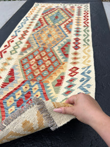 3x7 (91x213) Handmade Afghan Kilim Runner Rug | Cream Saffron Burnt Orange Denim Powder Blue Pine Mint Green Cornsilk Yellow Brick Red Wool