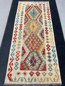 3x7 (91x213) Handmade Afghan Kilim Runner Rug | Cream Saffron Burnt Orange Denim Powder Blue Pine Mint Green Cornsilk Yellow Brick Red Wool