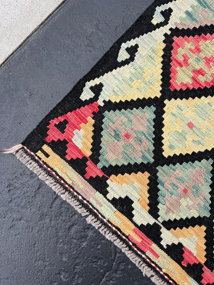 3x7 (91x213) Handmade Afghan Kilim Runner Rug | Black Cornsilk Yellow Rose Pink Mauve Baby Blue Sage Green Ivory Peach Orange | Wool Outdoor