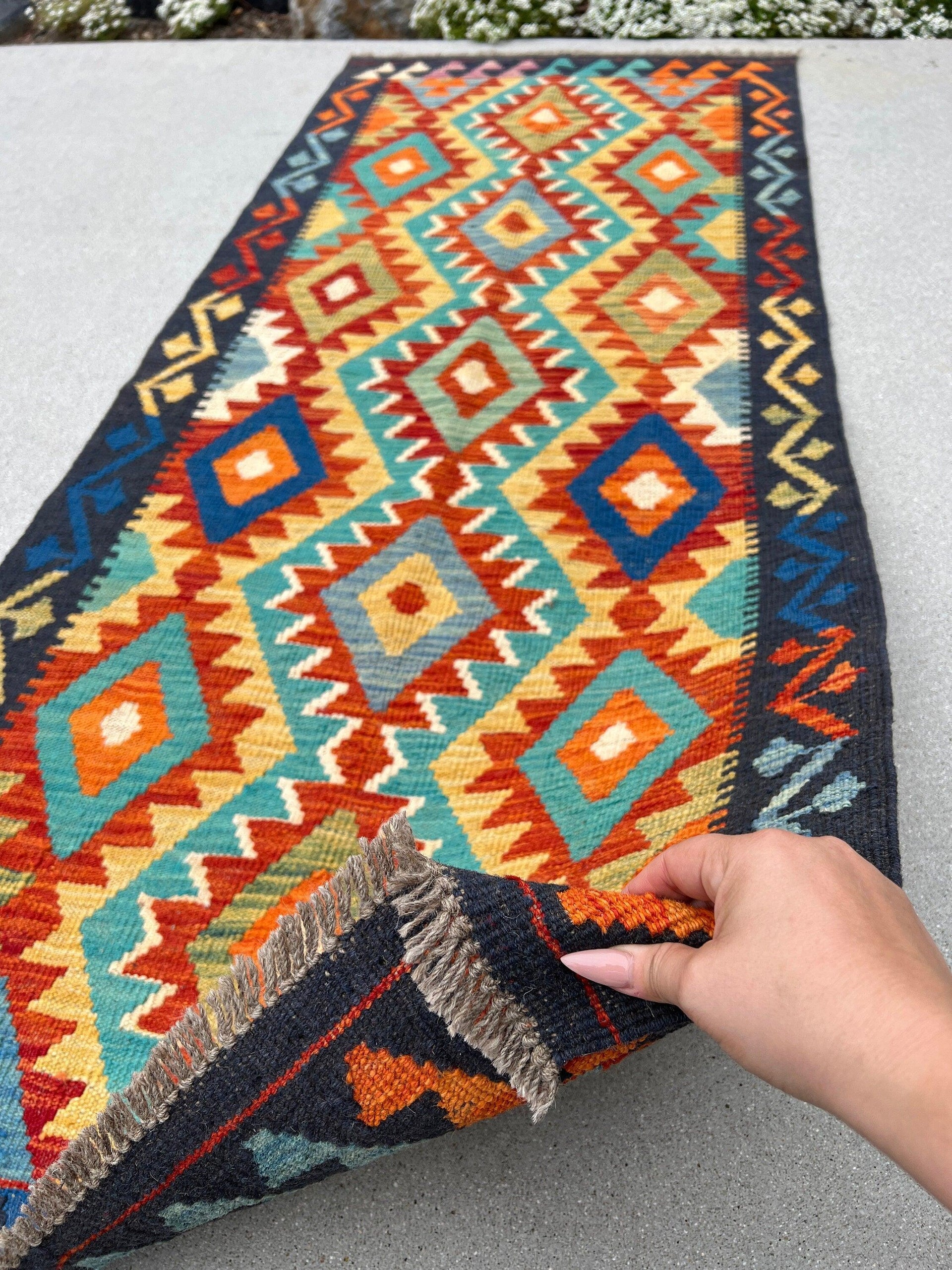 3x6~3x7 (91x203) Handmade Afghan Kilim Runner Rug | Navy Royal Denim Blue Turquoise Cornsilk Yellow Orange Ivory Olive Green | Wool Outdoor