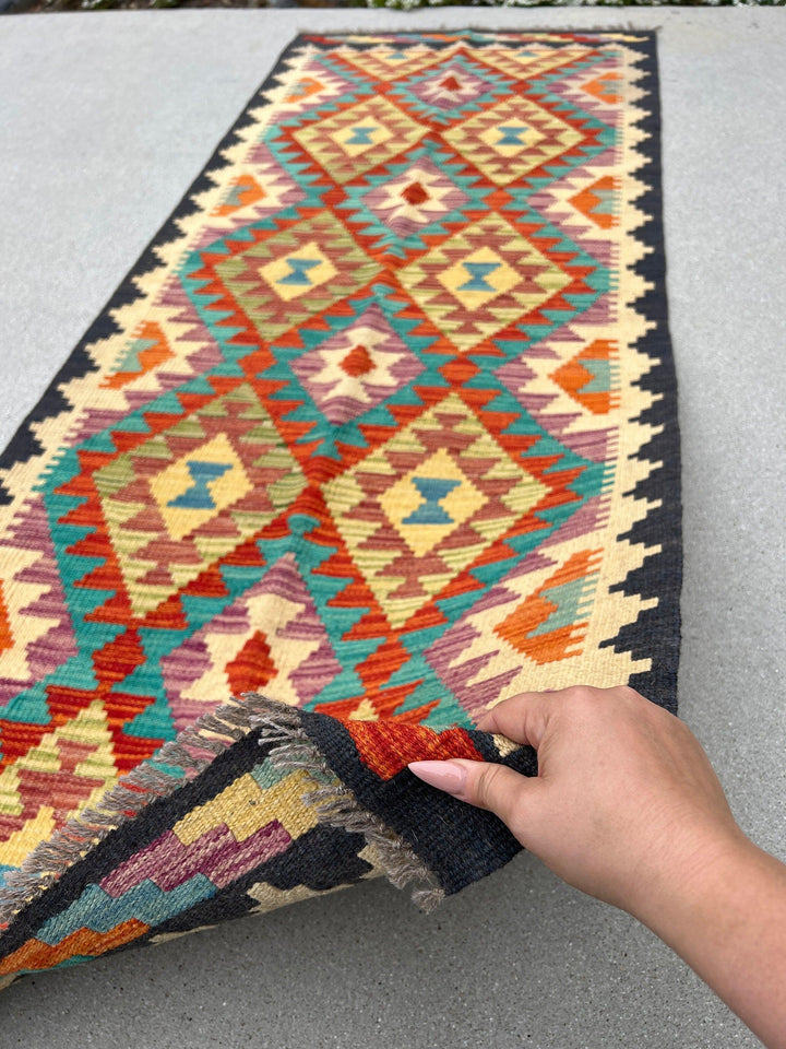 3x7 (91x213) Handmade Afghan Kilim Runner Rug | Black Cornsilk Yellow Orange Burnt Brick Red Grey Denim Blue Plum Teal Moss Green | Wool