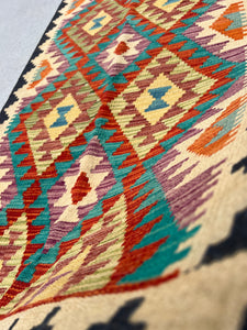 3x7 (91x213) Handmade Afghan Kilim Runner Rug | Black Cornsilk Yellow Orange Burnt Brick Red Grey Denim Blue Plum Teal Moss Green | Wool