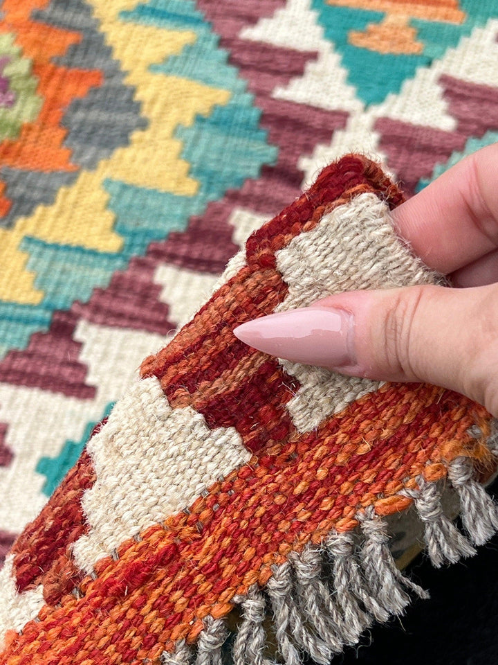 3x7 (100x200) Handmade Afghan Kilim Runner Rug | Blood Red Burnt Orange Ivory Moss Green Turquoise Navy Blue Red Gold Yellow Grey Purple