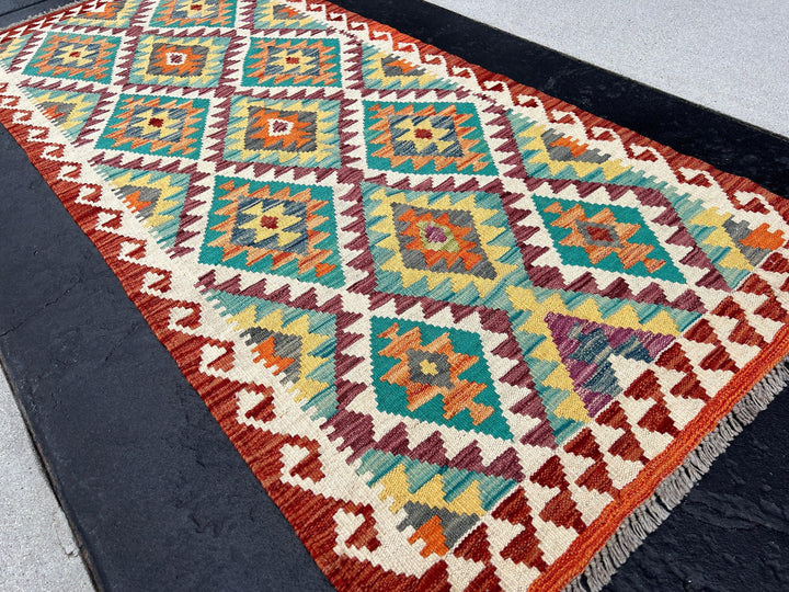 3x7 (100x200) Handmade Afghan Kilim Runner Rug | Blood Red Burnt Orange Ivory Moss Green Turquoise Navy Blue Red Gold Yellow Grey Purple