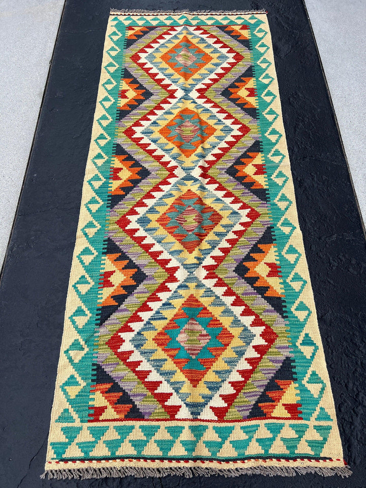 3x7 Handmade Afghan Kilim Runner Rug | Cornsilk Gold Yellow Tan Turquoise Rust Burnt Orange Purple Moss Green Black Grey Blue Ivory | Wool