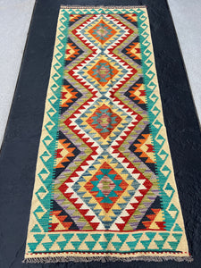 3x7 Handmade Afghan Kilim Runner Rug | Cornsilk Gold Yellow Tan Turquoise Rust Burnt Orange Purple Moss Green Black Grey Blue Ivory | Wool