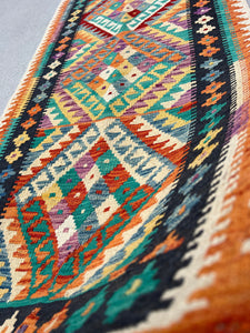 3x6 (74x191) Handmade Afghan Kilim Runner Rug | Cornsilk Mustard Yellow Cream Teal Rust Burnt Orange Purple Black Blue Ivory | Wool