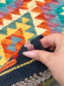 3x7 Handmade Afghan Kilim Runner Rug | Black Cream Gold Cornsilk Yellow Teal Denim Blue Purple Moss Green Burnt Orange | Geometric Wool