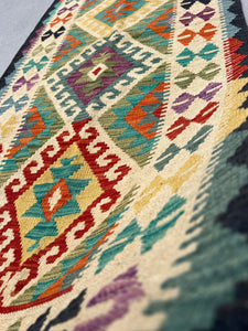 3x7 Handmade Afghan Kilim Runner Rug | Navy Denim Blue Cornsilk Yellow Teal Purple Moss Olive Green Burnt Orange | Geometric Wool