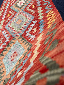 3x7 (100x200) Handmade Afghan Kilim Runner Rug | Burnt Orange Moss Green Denim Blue Red Gold Yellow Grey | Flatweave Oushak Wool