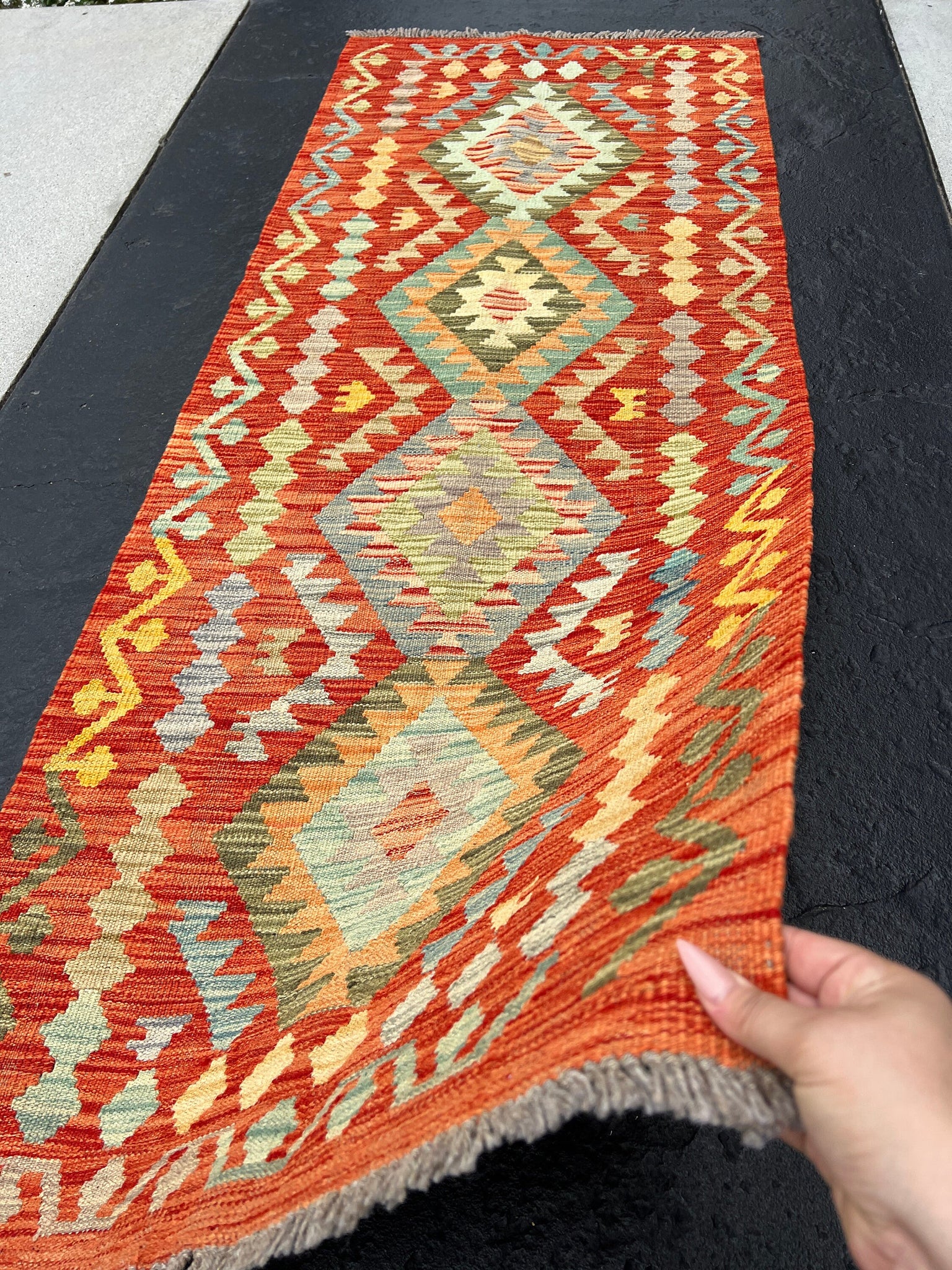 3x7 (100x200) Handmade Afghan Kilim Runner Rug | Burnt Orange Moss Green Denim Blue Red Gold Yellow Grey | Flatweave Oushak Wool