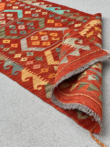 2x6 (60x185) Handmade Afghan Kilim Runner Rug | Burnt Rust Orange Olive Green Turquoise Chocolate Orange Moss Pink Grey Denim Blue | Wool