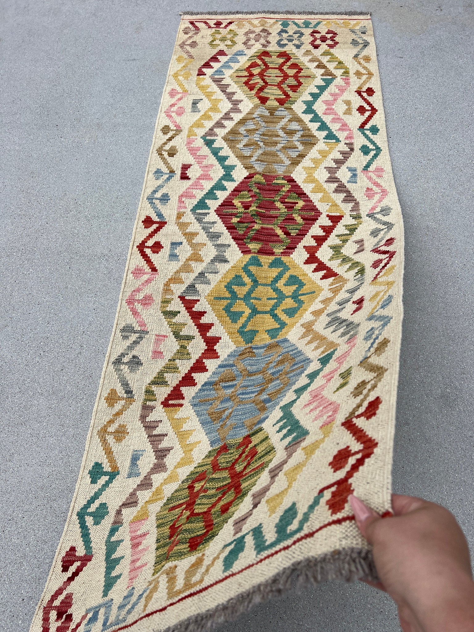 2x7 (60x200) Handmade Afghan Kilim Runner Rug | Cream Beige Teal Denim Blue Olive Moss Green Brick Red Salmon Pink Light Grey Brown | Wool