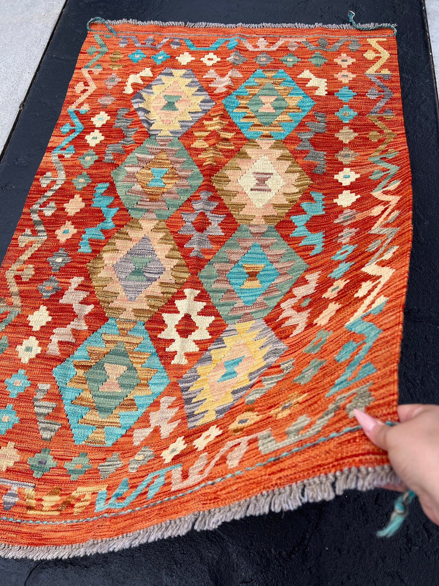 3x5 (91x152) Handmade Afghan Kilim Runner Rug | Burnt Orange Cornsilk Yellow Teal Chocolate Brown Turquoise Cream Beige Grey Tan Blue