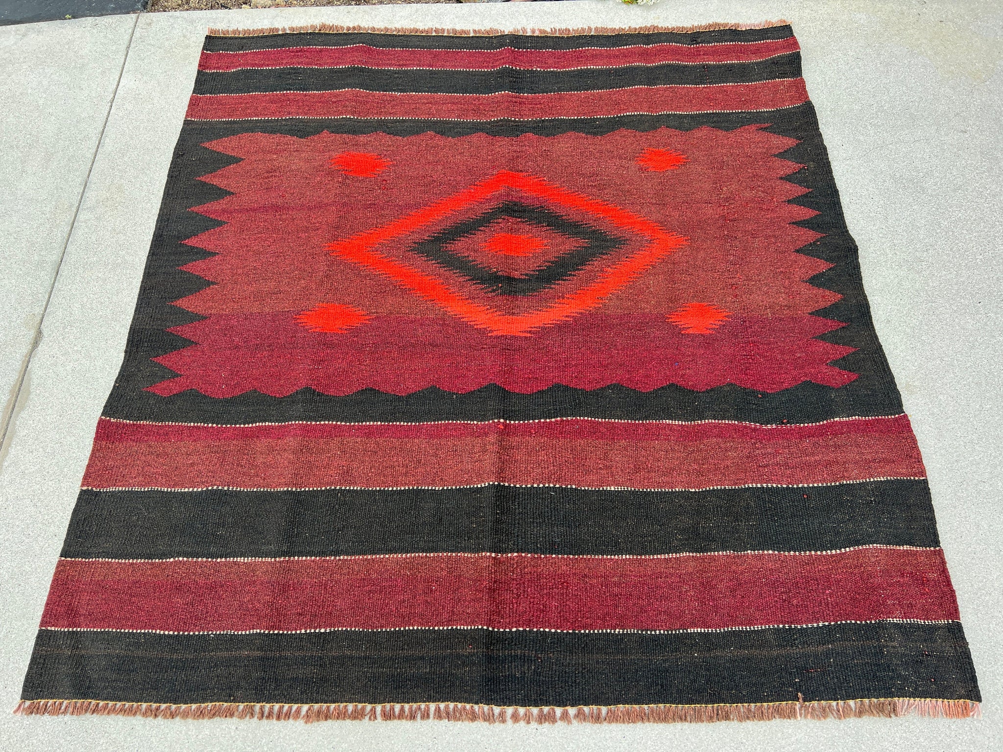 4x5 (150x120) Handmade Afghan Kilim Rug | Crimson Blood Red Black Ivory | Persian Bohemian Oushak Flatweave Hand Knotted Oriental Wool