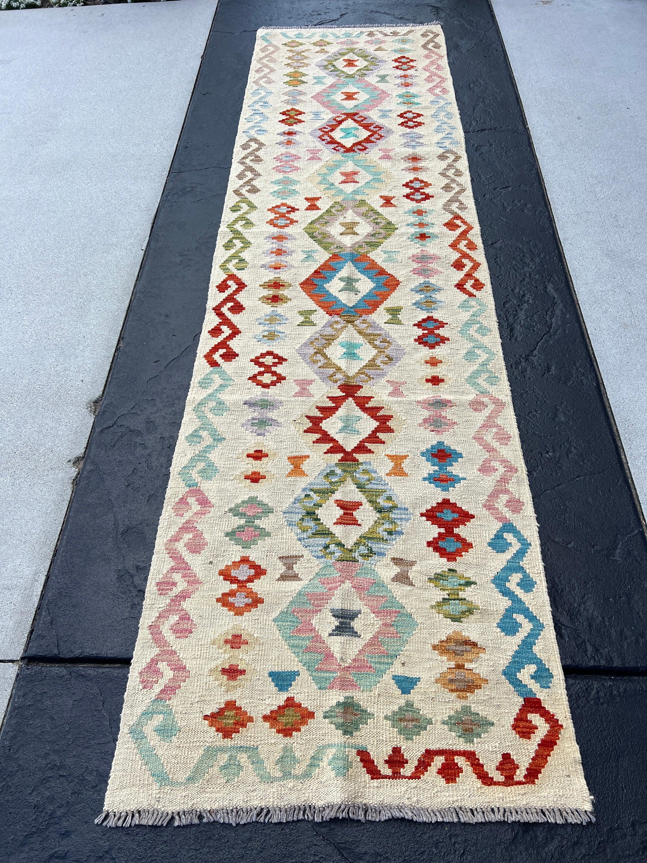 3x10 (91x305) Handmade Afghan Kilim Runner Rug | Cream Beige Olive Lavender Salmon Pink Chocolate Denim Sky Blue Charcoal Grey Tan Orange