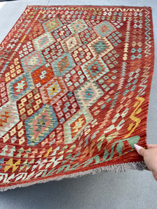 6x8 (180x245) Handmade Afghan Kilim Rug | Brick Red Burnt Orange Teal Turquoise Olive Sage Green Tan Sky Blue | Persian Oushak