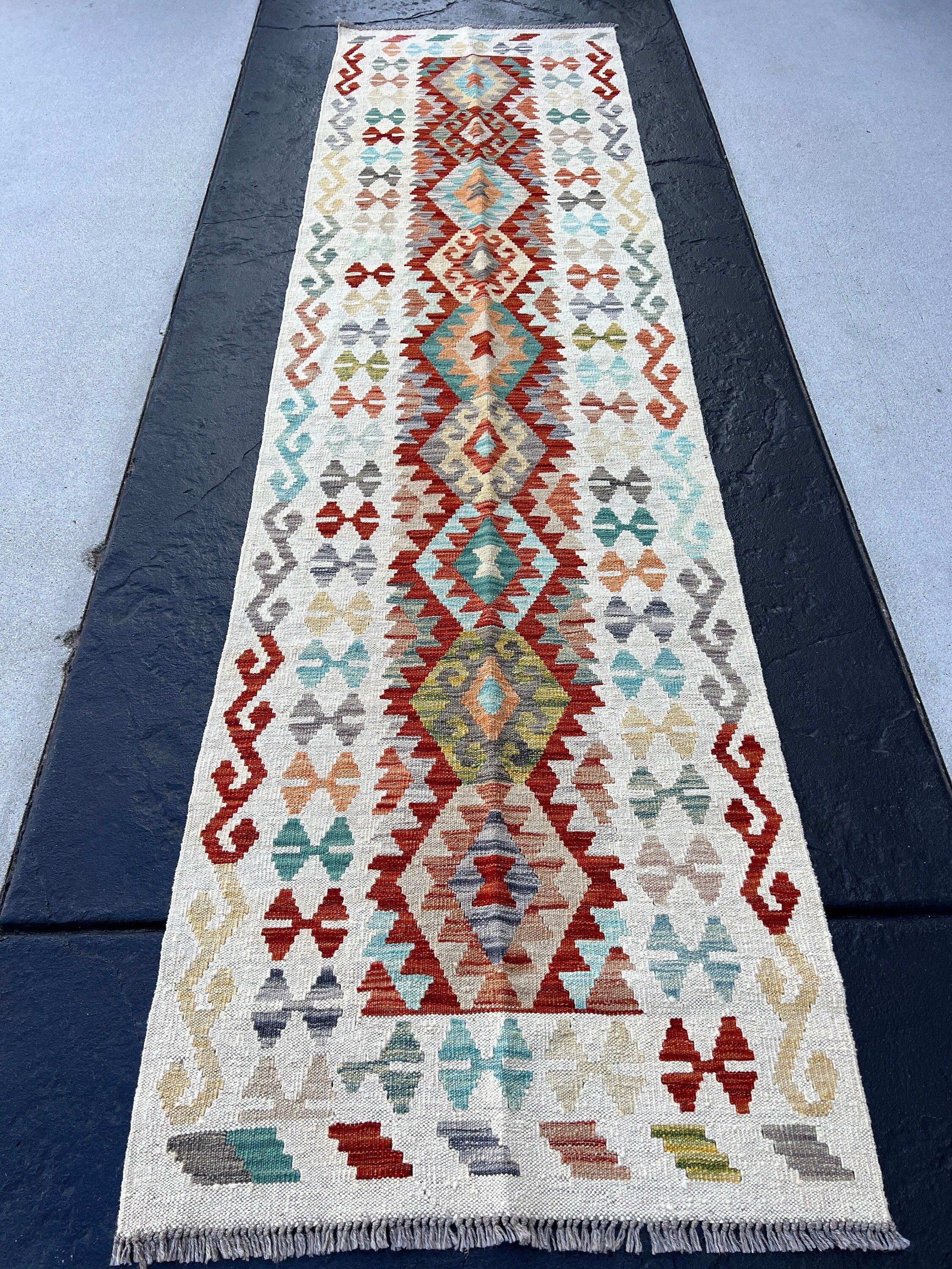 3x10 (90x305) Handmade Afghan Kilim Runner Rug | Ivory Cream Olive Teal Chocolate Denim Sky Blue Charcoal Grey Tan Brick Red Turquoise