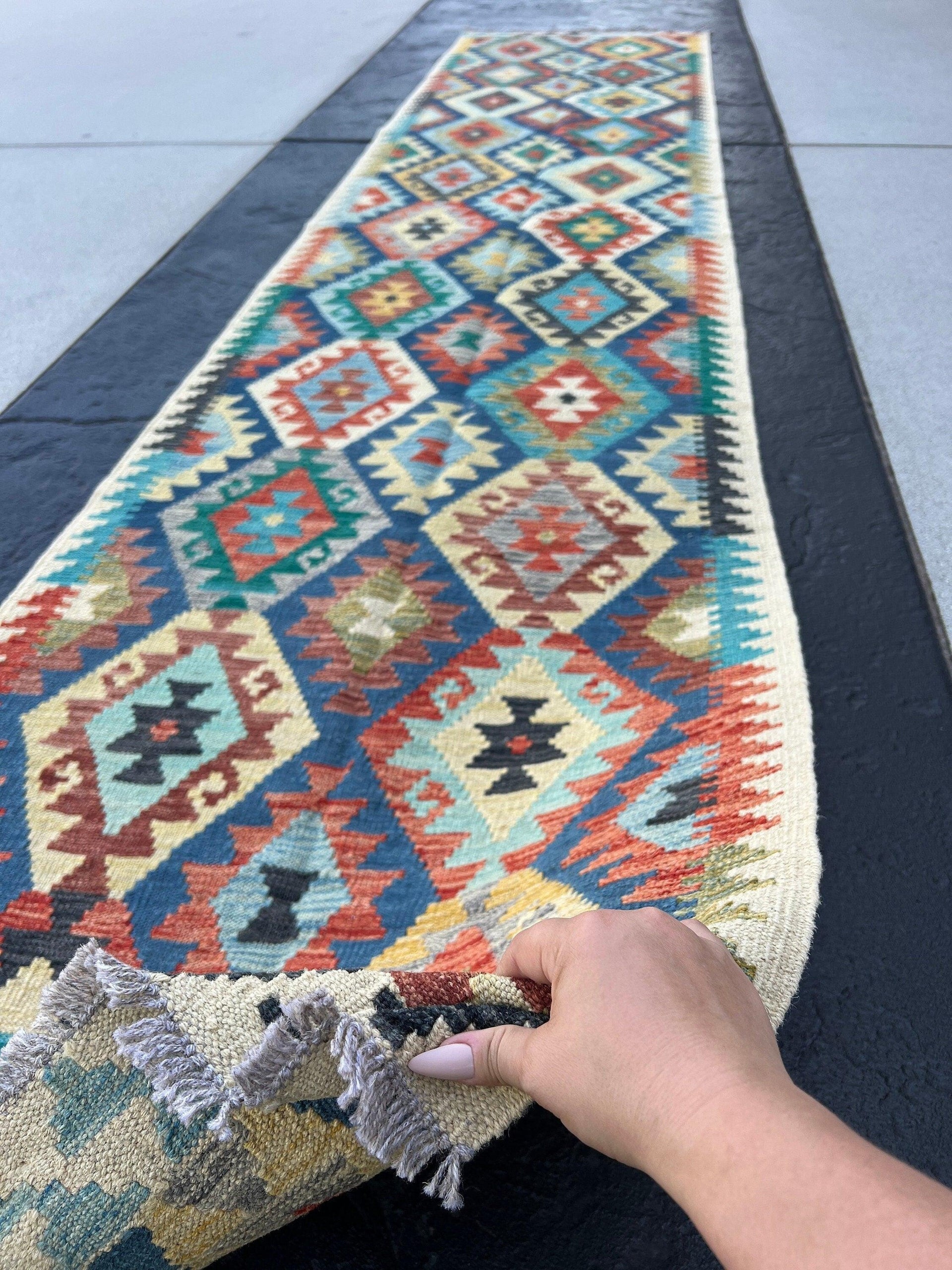3x13 (90x395) Handmade Afghan Kilim Rug Runner | Cream Sky Denim Blue Chocolate Brown Black Teal Brick Red Orange Olive Moss Green | Wool