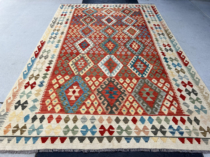 7x10 Handmade Afghan Kilim Rug | Cream Beige Blood Orange Teal Sky Blue Tan Grey Ivory Moss Green Mustard Yellow Red | Oushak Wool Persian